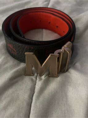 MCM Black and Orange Leather Belt with Gold M Buckle